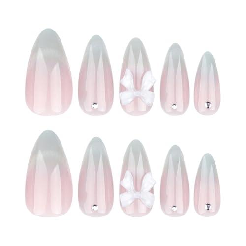 Almond Press on Cat Eyes French Tip Gradient Pink Acrylic Nails with Dot Diamond and 3D Bow Designs - 24pcs Glossy Full Cover Glue on False Nails for Women