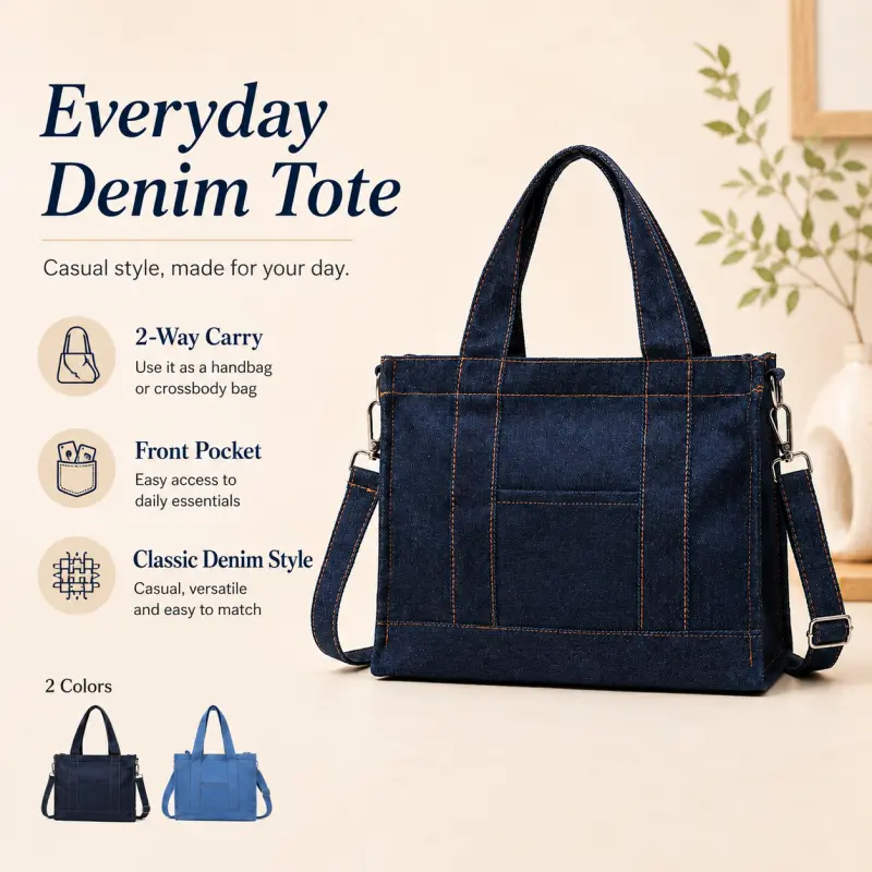 Women's Vintage Denim Tote Bag - Chic, Adjustable, Solid Lightweight Casual Crossbody Shoulder Handbag, Small Daily Purse for City Walk, Work Commute, Everyday Use