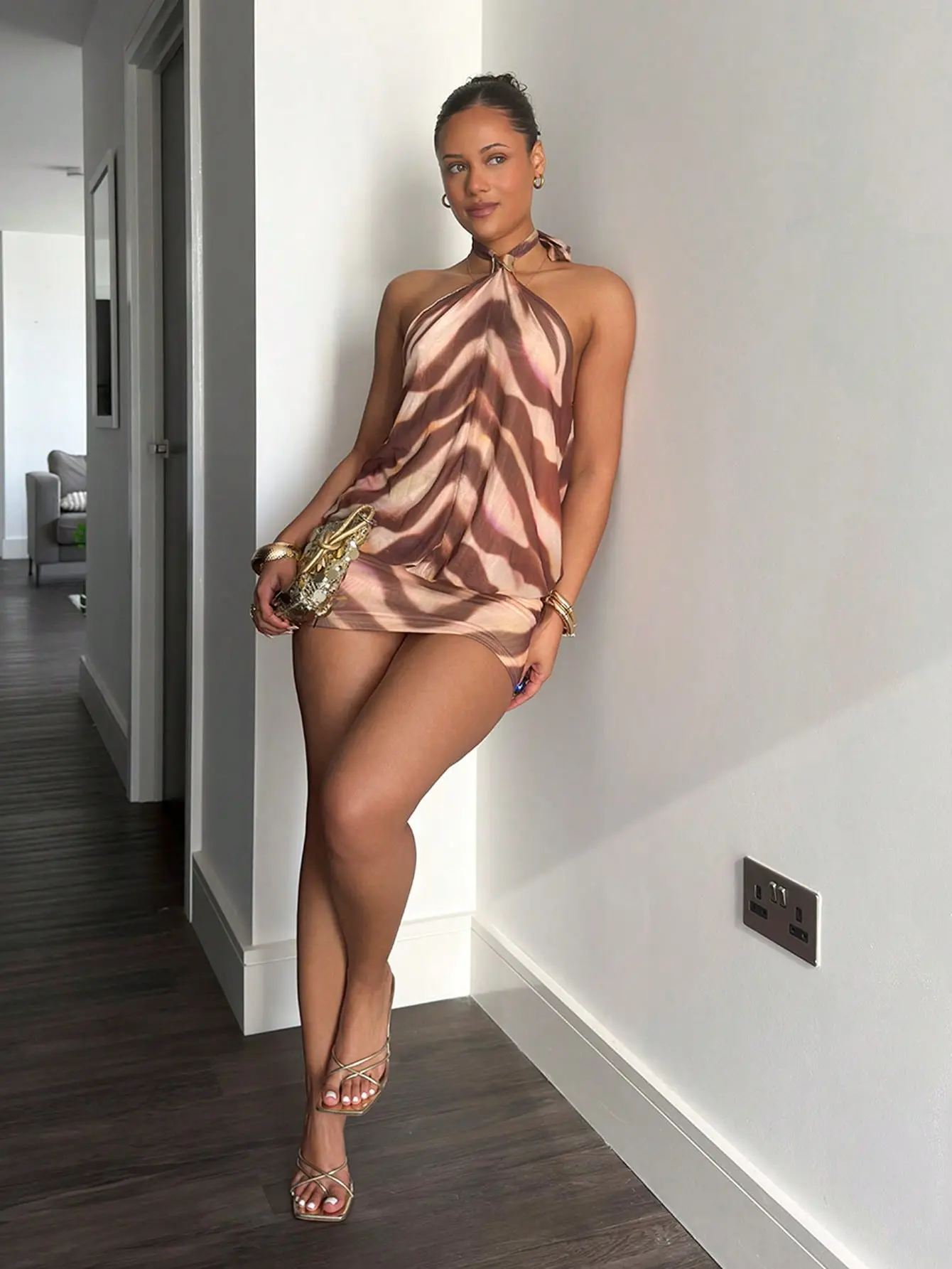 Women's Tiger Print Halter Mini Dress | Knit Mesh Printed Bodycon Dress With Vacationcore Bohemian Western Style | Spring Summer Beach Vacation Wedding Guest Party Carnival Date Night Resort Going Out Outfit For Women