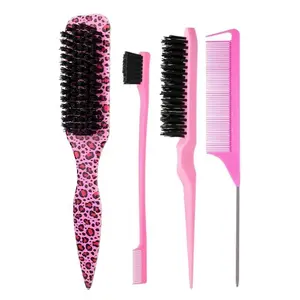 Bristle Slick Back Pink Leopard Print Hair Brush for Sleek Ponytail Bun & Smoothing Baby Hairs, Flyaways, Edge Control Backcombing & Teasing