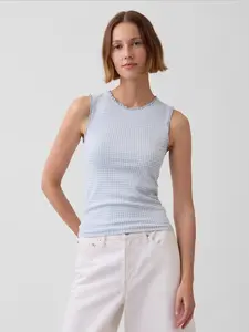 Gingham Pointelle Shell Tank Top Color Light Blue Gingham