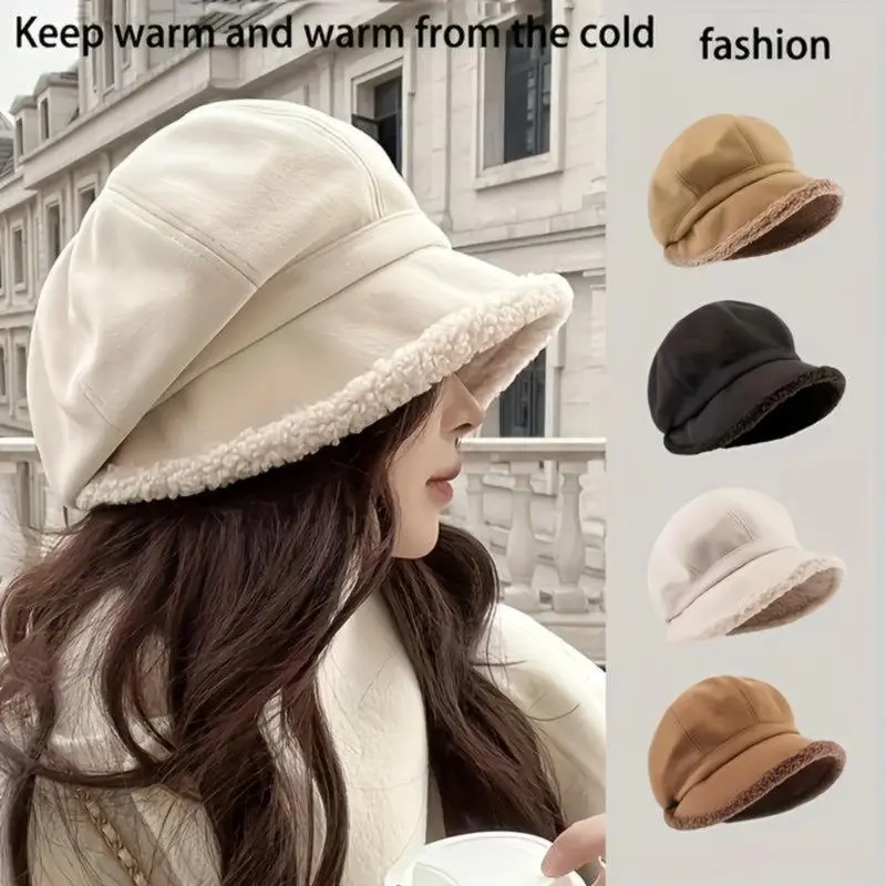 Women's Plain Plush Bucket Beanie - Keep Warm Fleece-Lined Winter Hat with Ear Protection, Non-Stretch Linen Fabric, Knit Heart Design, Unisex Western Newsboy Style for Outdoor Cold Weather, Streetwear Accessory, Keep Warm Hats