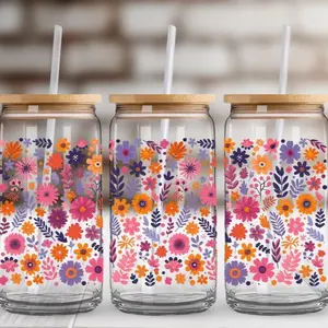 Pink and Orange Flowers 16oz Glass Cup w/glass straw and bamboo lid Drinkware