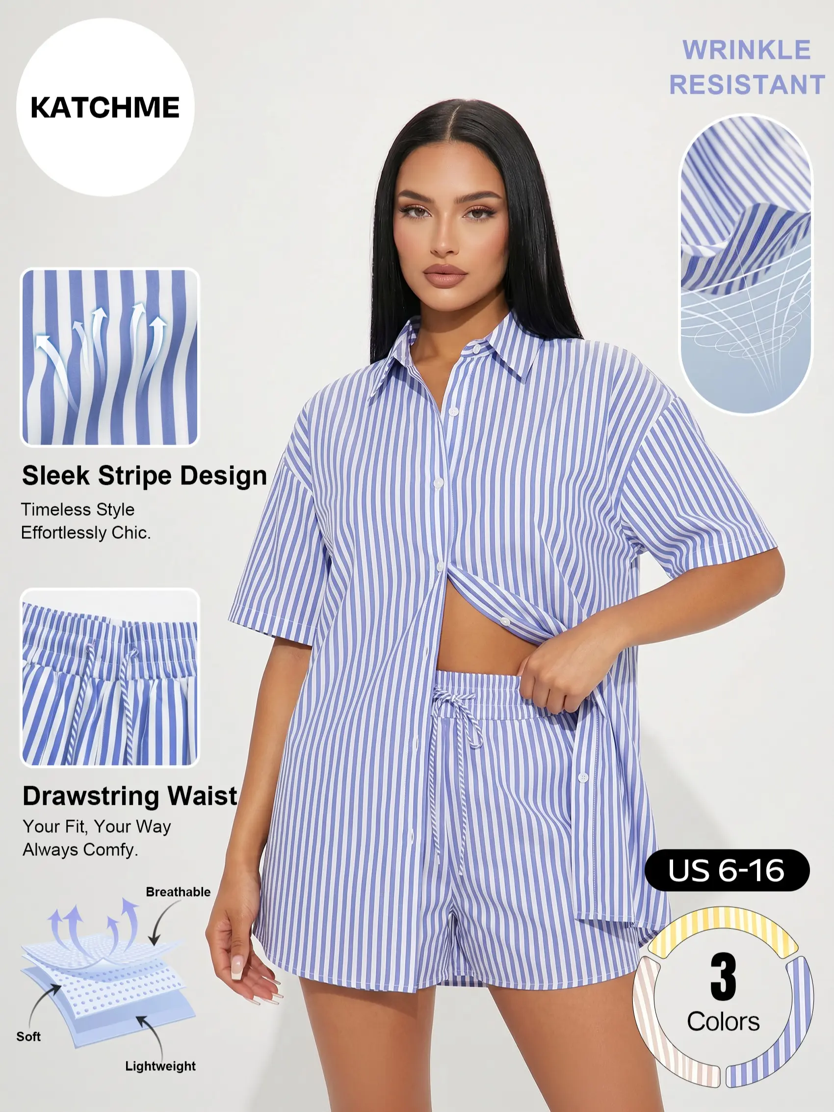 Katch Me Chic Women's Versatile Color Matching Striped Short Sleeve Shirt & Drawstring Waist Shorts Loungewear Co-ord, Lightweight Wrinkle-Resistant Loose Two Piece Sets, Skin-Friendly Daily Outfit