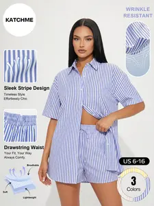 Katch Me Chic Women's Versatile Color Matching Striped Short Sleeve Shirt & Drawstring Waist Shorts Loungewear Co-ord, Lightweight Wrinkle-Resistant Loose Two Piece Sets, Skin-Friendly Daily Outfit