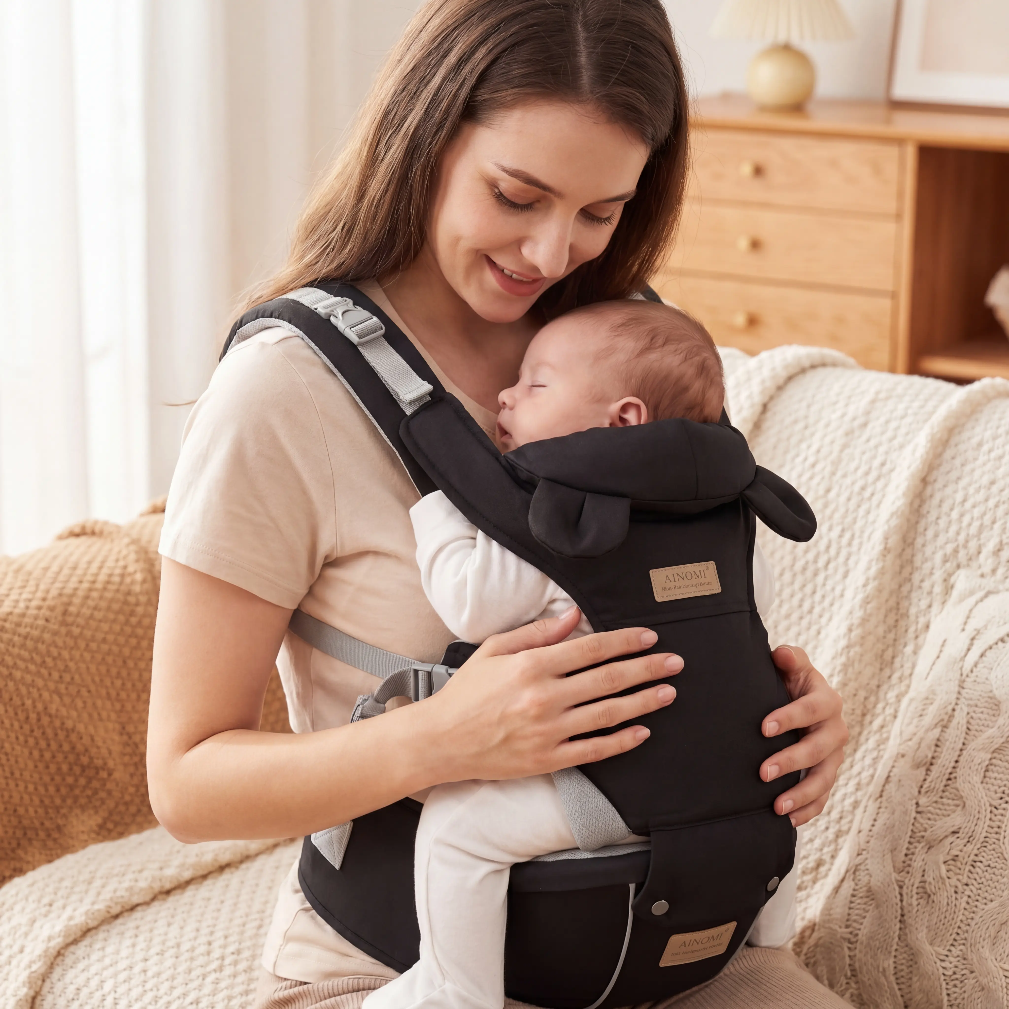 Ainomi Adjustable Ergonomic Polyester Baby Carrier - Unisex Multifunction Infant-Safe Harness, Foldable, Front Hold, Hand Wash Only, Portable with Logos, Fits 0-3 Years, Lightweight Breathable Hands-Free Gear for Travel, Daily Use, Buckle