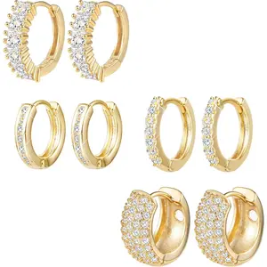Small Gold Hoop Earrings Set for Women Diamond Pave Gold Earrings Set with Sterling Silver Post