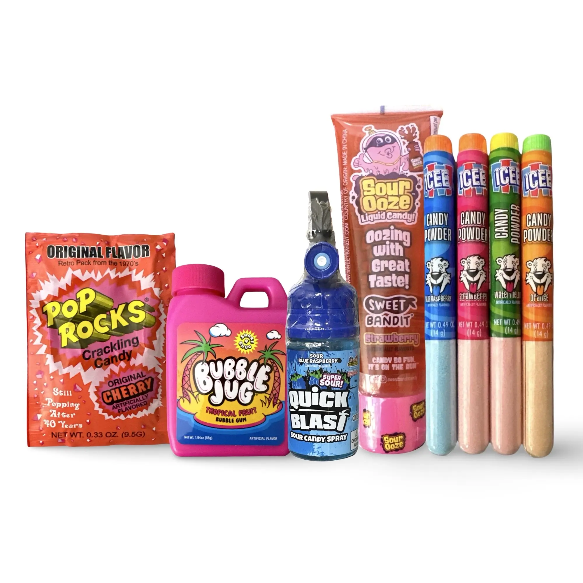 Sour Candy Full Size Sampler 8 Pack | Sour Ooze, Quick Blast, Bubble Jug, Pop Rocks and Icee Candy Powder Sour Candy Full Size Sampler 8 Pack | Sour Ooze, Quick Blast, Bubble Jug, Pop Rocks and Icee Candy Powder