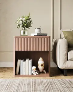 WLIVE Night Stand, Wood Nightstand with Storage Drawer and Open Shelf, Fluted Bedroom Nighstand, Mid Century Bed Side Table, End Tables Living Room, Dorm, Home Office