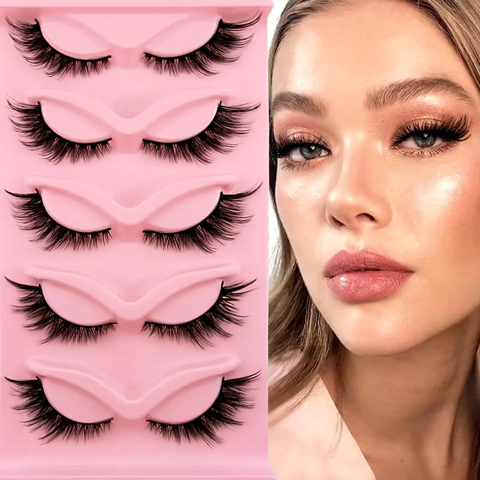 5 Pairs Cat Eye False Eyelashes, Natural Fluffy False Eyelashes, Wispy Cat Eye Faux Cluster Lashes, Natural Curling Eye Makeup Strip Lashes, Full Volu