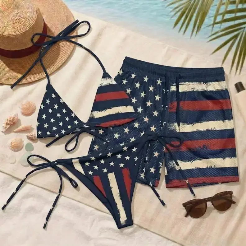 Hot Vintage USA Flag Matching Swim Set 2026 – Patriotic Bikini & Men’s Trunks, Stars and Stripes Couple Swimwear, 4th of July Outfit hot