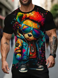 Men's Streetwear Graphic Bear Head T-Shirt, Unique Print Design, Casual Fitted Short Sleeve Top, All Seasons Fashion