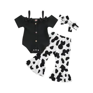 3PCS Newborn Baby Girl Outfits Ribbed Short Sleeve Off Shoulder Romper Bodysuit Cow Print Bell Bottoms Headband 6 12 18 24 Months Summer Clothes