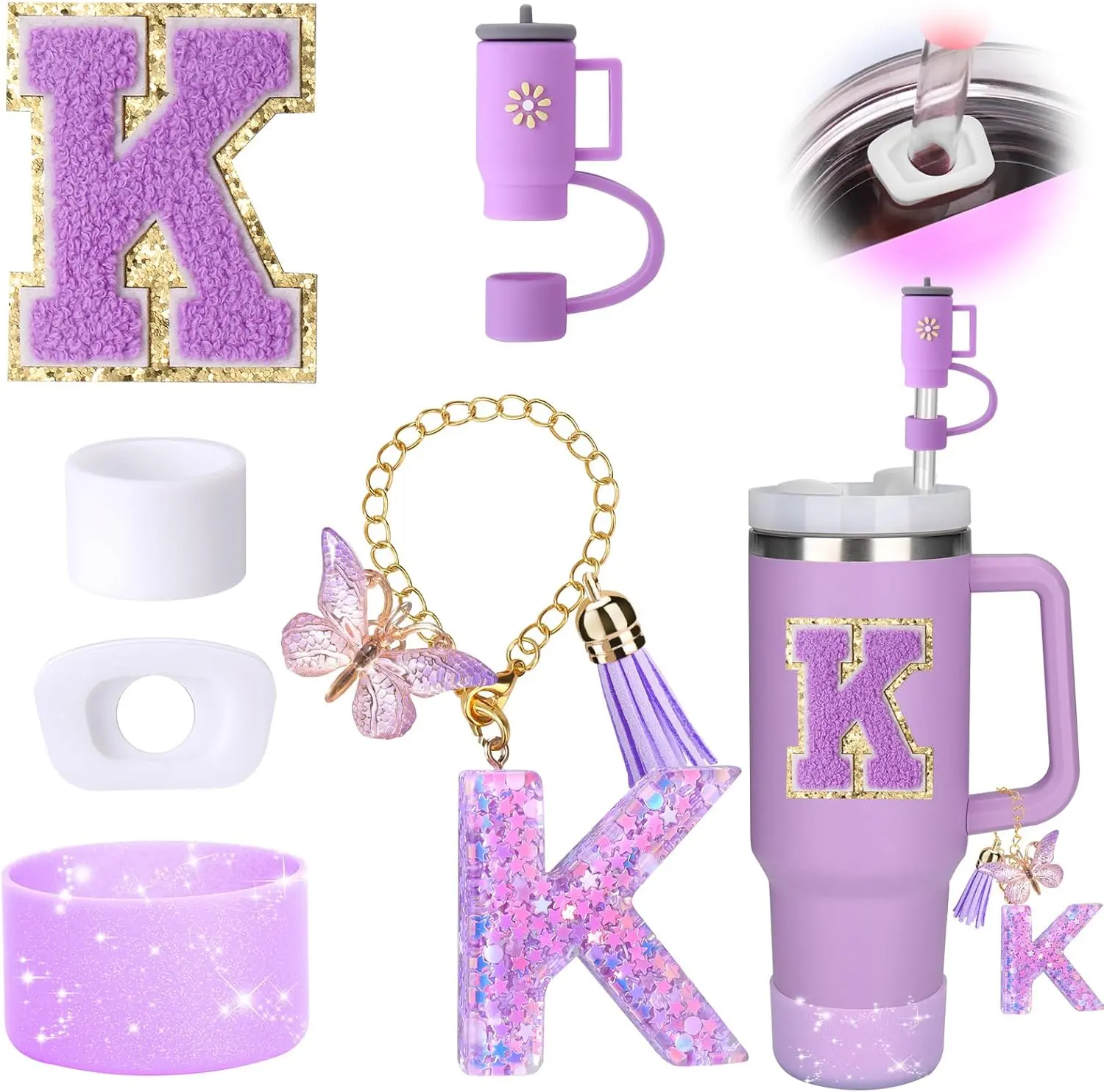 6count Cup Accessories Set for Stanley Cup 30oz 40oz tumbler with handle, Including Silicone Straw Topper Cover Cap and Boot, Spill Proof Stopper, Handle Charm, Initials Sticker (Letter K) Mug Square