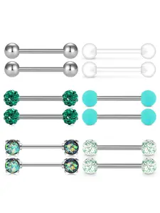 Mixed Style Rhinestone Decorated Tongue Studs/Nipple Studs, Septum Piercing, 12pcs Stainless Steel Body Piercing Jewelry, Fashion Body Jewelry for Women & Men