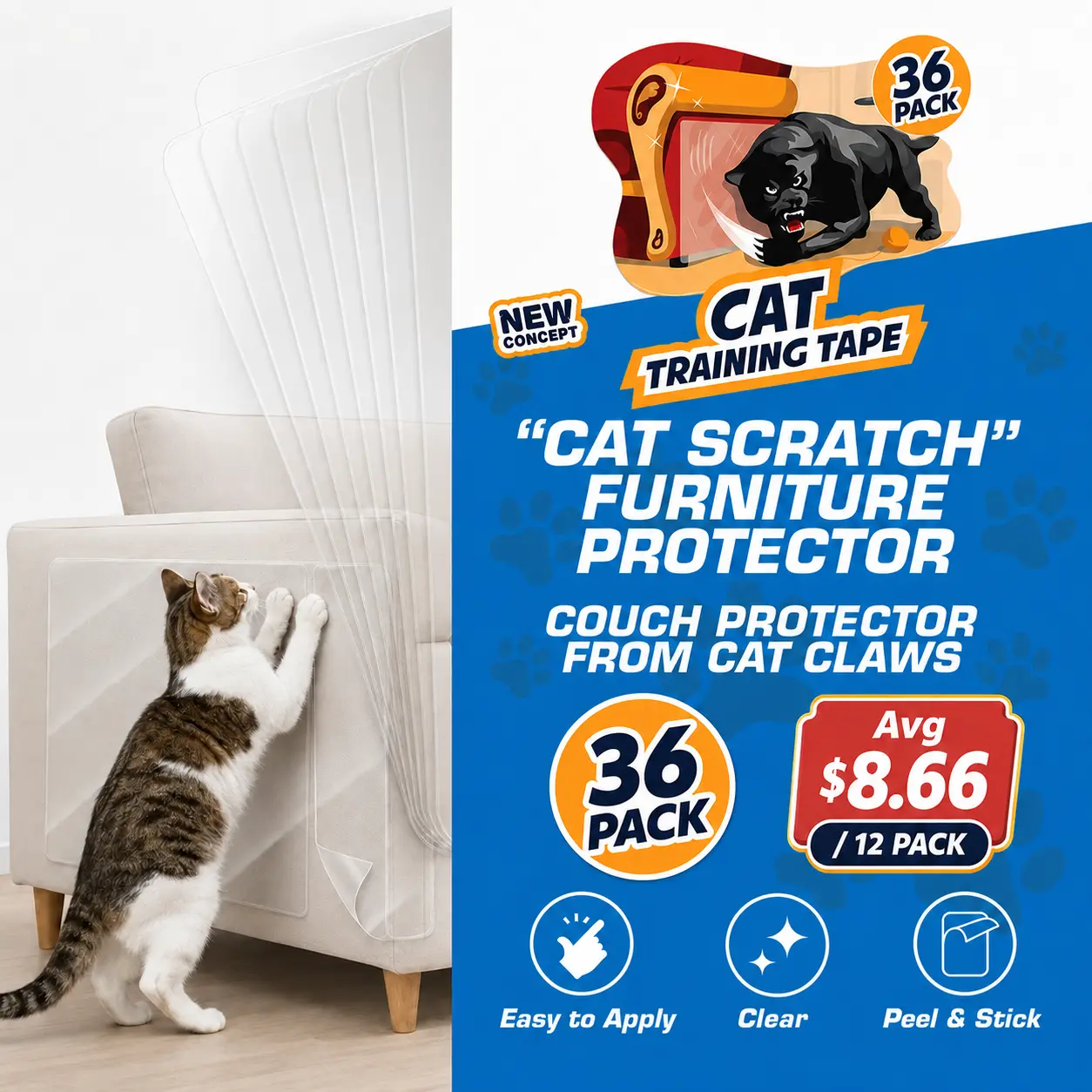 AISOON 36 Pack Cat Scratch Furniture Protector - Self-Adhesive Couch Protectors, Anti-Scratch Deterrent, Protects Furniture from Cat Claws and Scratching Home