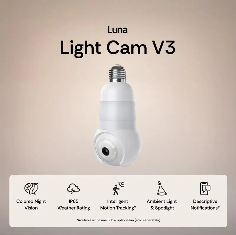 Luna Light Cam 2K Light Bulb Security Camera - Socket-Mounted PTZ Indoor Camera, Next-Gen Descriptive AI Alerts, 360° Pan-Tilt, Color Night Vision, Built-In LED & Spotlight, Local Recording, 2.4GHz