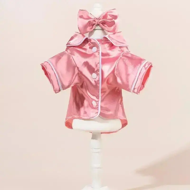 Soft Satin Pet Pajama Set With Matching Bow Headband, Cute Easy-Wear Night Outfit For Small Dogs & Cats, Cozy Lightweight Sleepwear For Indoor Lounging & Nighttime Rest