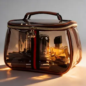 Clear Vintage Makeup Bag with Handle, Large Capacity Water Resistant Travel Toiletry Organizer, Portable Skincare Storage Vanity Case for Women