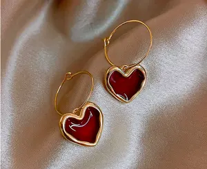 Female Fashion Earrings, Romantic Elegant Red Heart Drop Style, Minimalist Design Classic Style Earrings, Alloy Costume Jewelry Accessory