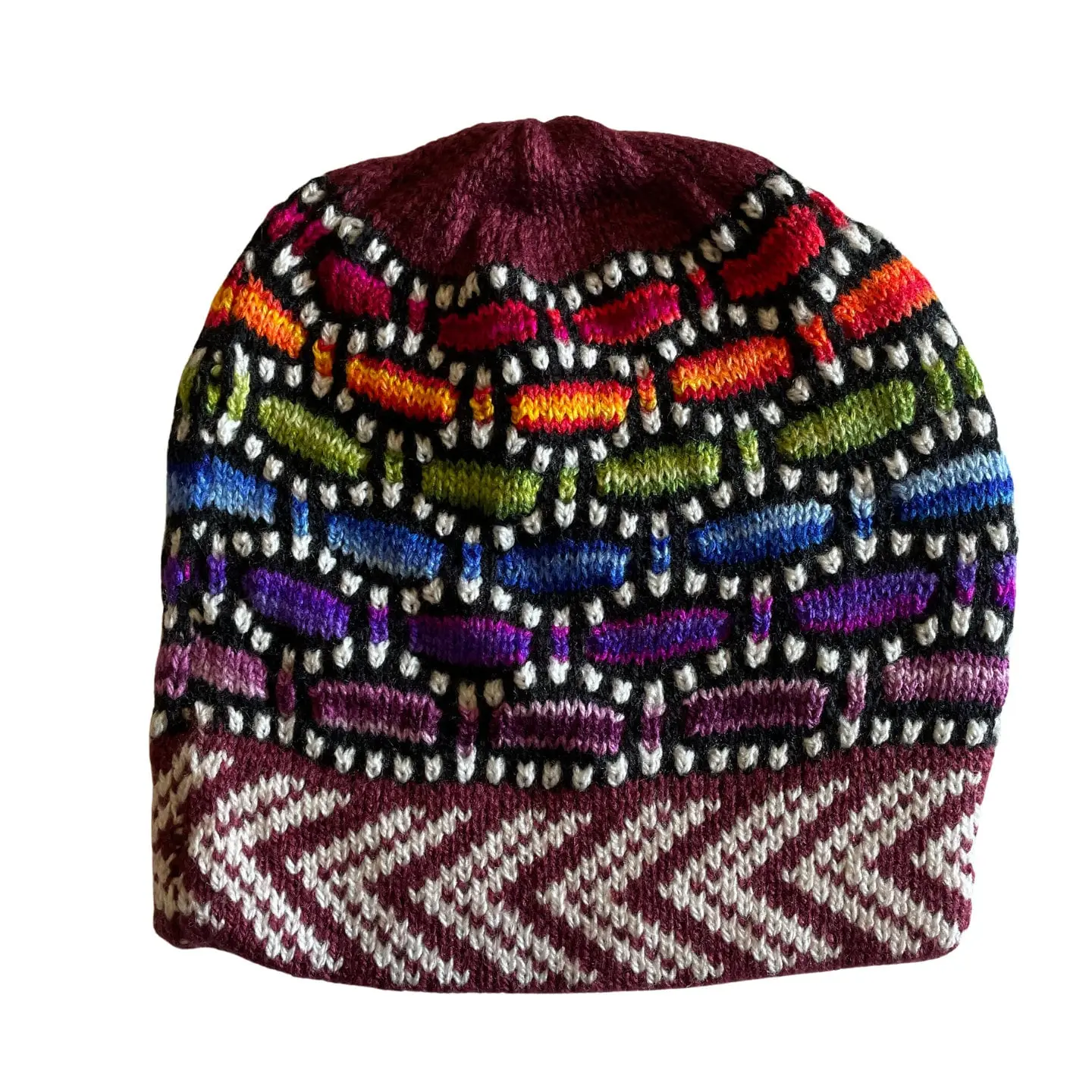 Maroon Rainbow Knitted Alpaca Beanie Hat - One Size