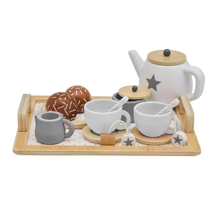 Wooden Afternoon Tea Set for Kids Ages 3+, Montessori Pretend Play Tea Party Set, Wooden Tea Pot and Tea Cups Toy, Educational Role Play Toy, Birthday Gift for Girls Boys