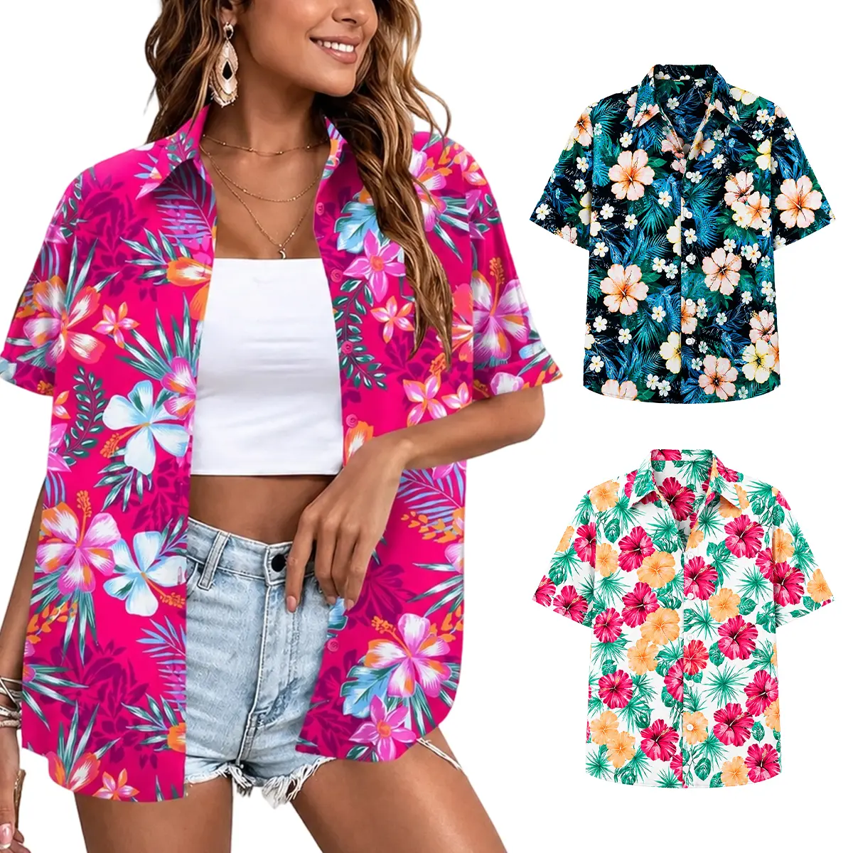 Women's Breathable Short-Sleeve Hawaiian Floral Button-Down Blouses, Loose-Fit Lapel Collar Island Vibe Tops for Lady Summer Beach Vacation, Daily Wear (Sizes 2XS-6XL)