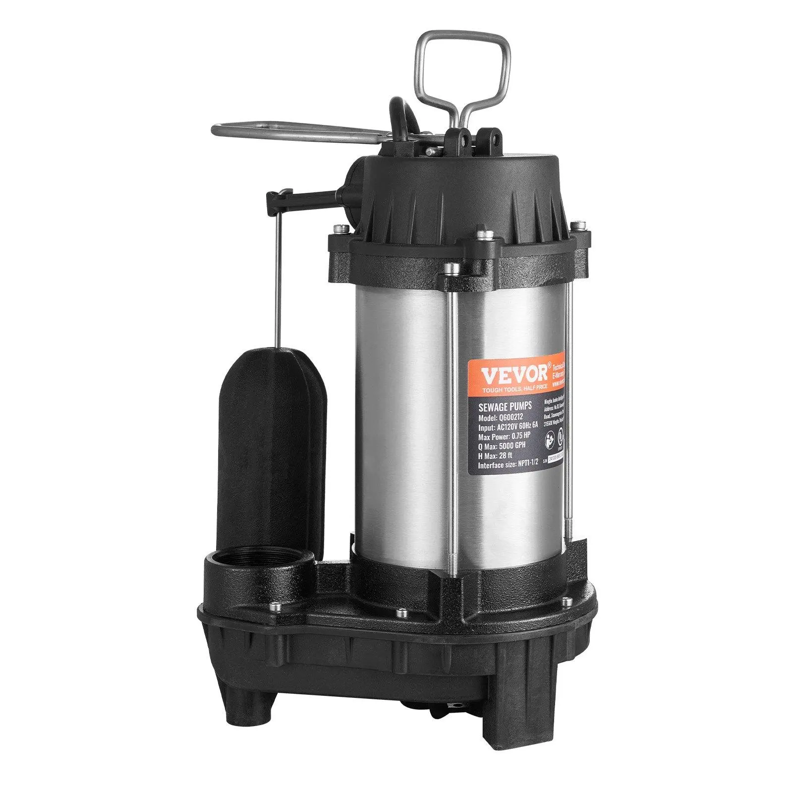 Submersible Sewage Pump Water Pump 0.75HP 5000GPH 28 ft Lift for Basement