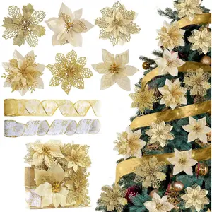 26 Pcs 6 Styles Christmas Glitter Poinsettia Flowers Artificial Christmas Tree Ornaments Flower Decorations with 16 Yards 2 Rolls Christmas Tree Ribbons Sticks for Xmas DIY Crafts Wreath