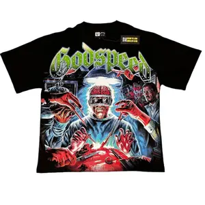 Godspeed Men's Short-Sleeve Sports T-Shirt - Heavyweight Cotton, Unisex Loose-Fit Streetwear, Gothic Typography, Astronaut-UFO Prints, Rhinestone Embellishments, 2026 Y2K Hip Hop Style - Coachella, Spring Break Casual Top