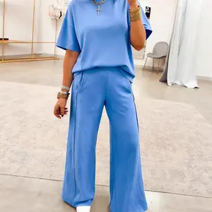 Women's 2 Piece Lounge Sets Casual Waffle Knit Short Sleeve Oversized Tee and Wide Leg Pants Tracksuit Matching Summer Outfits 2026