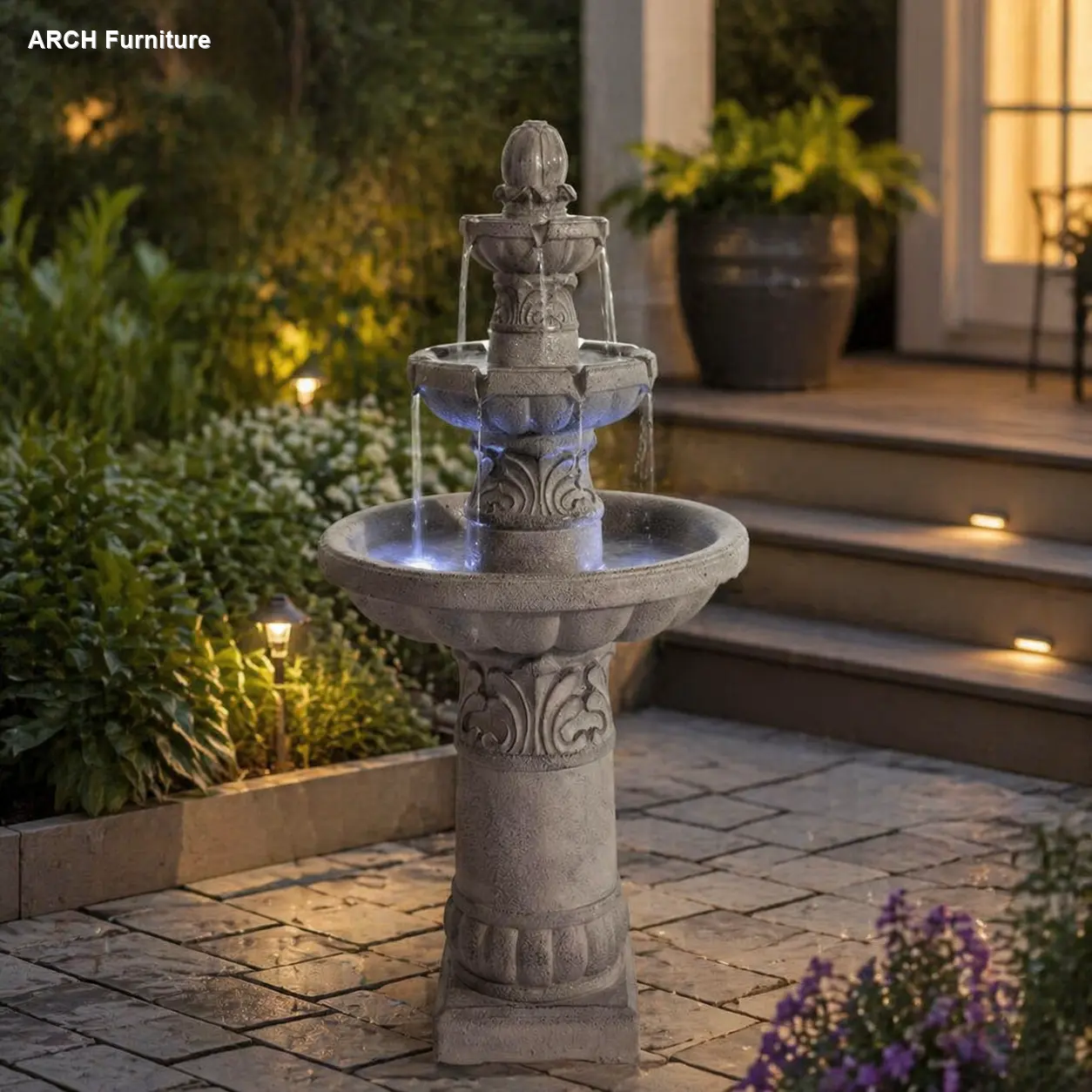 52''H 3-Tier Arch LED Automatic Waterfall Bubbler - Floor-Standing Resin Low Maintenance Decor, Fountain Pump Included, Large Indoor/Patio/Backyard Automatic Waterfall Fountains Option, Fountain Pump Fountains