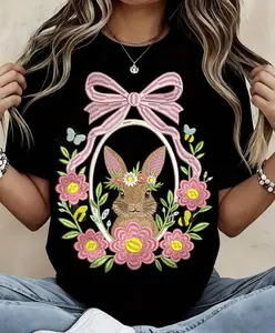 Western Graphic T-shirt Women Easter Bunny With Flowers And Bow Embroidered Design Pure Cotton Casual Round Neck T Shirt Soft Comfortable Spring Summer Wear