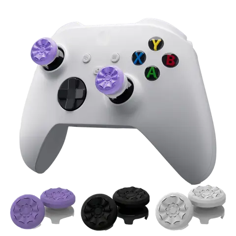 Professional Thumbstick Grips for Xbox One and Xbox Series X Controller, Joystick Rubber Game Accessories, 4-PRONG SECURITY, 2 Professional Thumbsticks, 1 High-Rise, 1 Mid-Rise, Purple Black White GripTech, Console Controller Accessories, Gaming Accessori