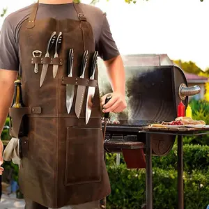 PU Leather Apron for Picnic BBQ, Oil-Resistant Wine Bottle Holder, Durable Outdoor Cooking & Work Use, All-In-One Grill Apron