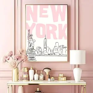 New York City Statue of Liberty Pink Skyline Poster Modern Minimalist NYC Ink Art Print Preppy Room Aesthetic for Dorm Bedroom