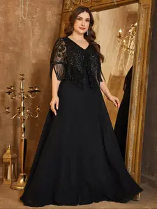 Elegant Women's V Neck Sequined Chiffon Fringe Evening Gown, Slim Fit Long Dress with Ruffle Sleeves, Perfect for Special Occasions