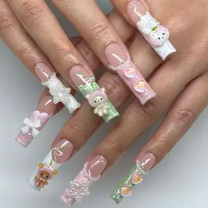 T12 Lynn Fairy Bear Press-On Nails, 3D Bows & Heart Charms, Mint & Pink Tones, Custom Press-On Nail, Girlycore Style, Gift for Her, Magical Nail Art