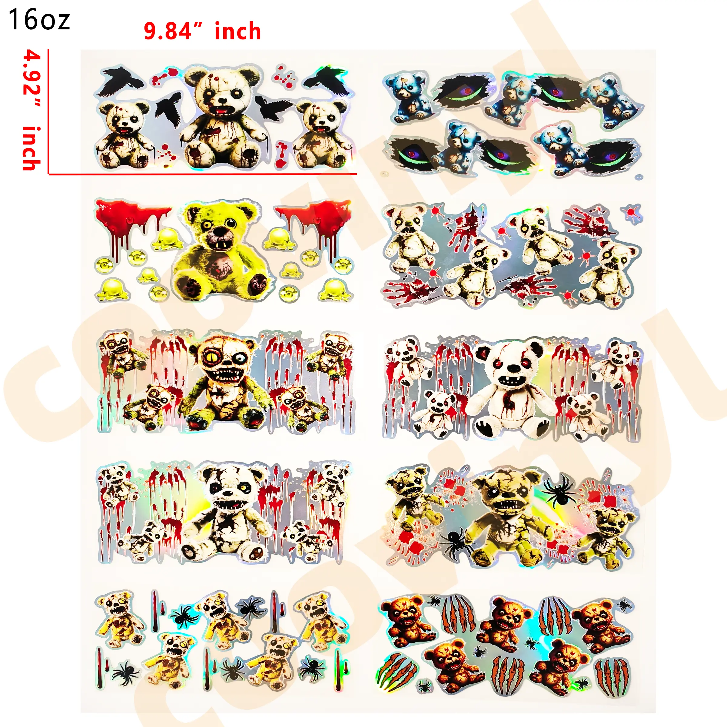 (F18) Holographic 10pcs horror bear UV DTF Cup Wraps for 16OZ tumblers Waterproof Acrylic Wraps for Cups Glasses &Smooth Objects Vivid Colors Strong Adhesion CustomizableStickers Decal Sticker Art Crafts Kit
