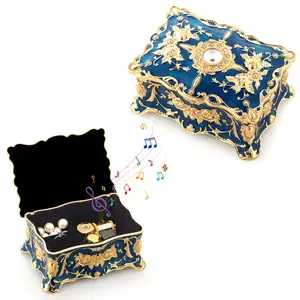 Sinzyo Blue Rectangle Emboss Alloy Metal Music Box Wind Up Antique Jewelry Musical Boxes Christmas Birthday Valentine's Day Gifts Plays Merry Go Round of Life
