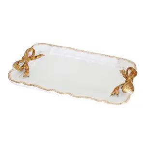 Small, Stylish, Aesthetic Elegant Trinket Tray with Gold Bow Handles, Scalloped Edge for Decorative Storage