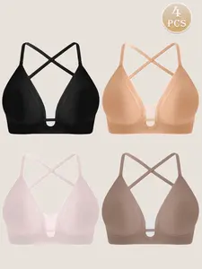 Women's Backless Seamless Bra Set, Adjustable Straps, Lace Mesh, Deep V Neck, No Steel Cup, 4 Pack, Comfortable Lined Bras