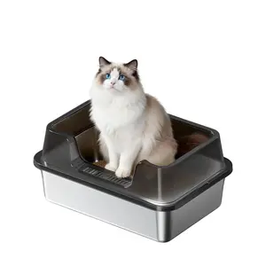 High Sided Stainless Steel Cat Litter Box with Lid – Extra Large, Open Design, Includes Scoop, Easy to Clean, Appropriate for All Cat Sizes – Beige, 50×35×22CM