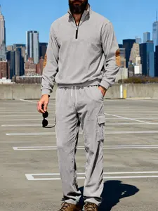 Men's Spring Fall Heavyweight Stand Collar Half Zip Knit Corduroy Sweatshirt menschinos, Multi-Pocket Workwear Pants Set, Warm Loose Fit Clothing，Valentine's Day gift for him