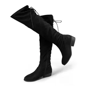 Hawkwell Women's Thigh High Fashion Boots Over The Knee Black Low Flat Heel Boots Footwear