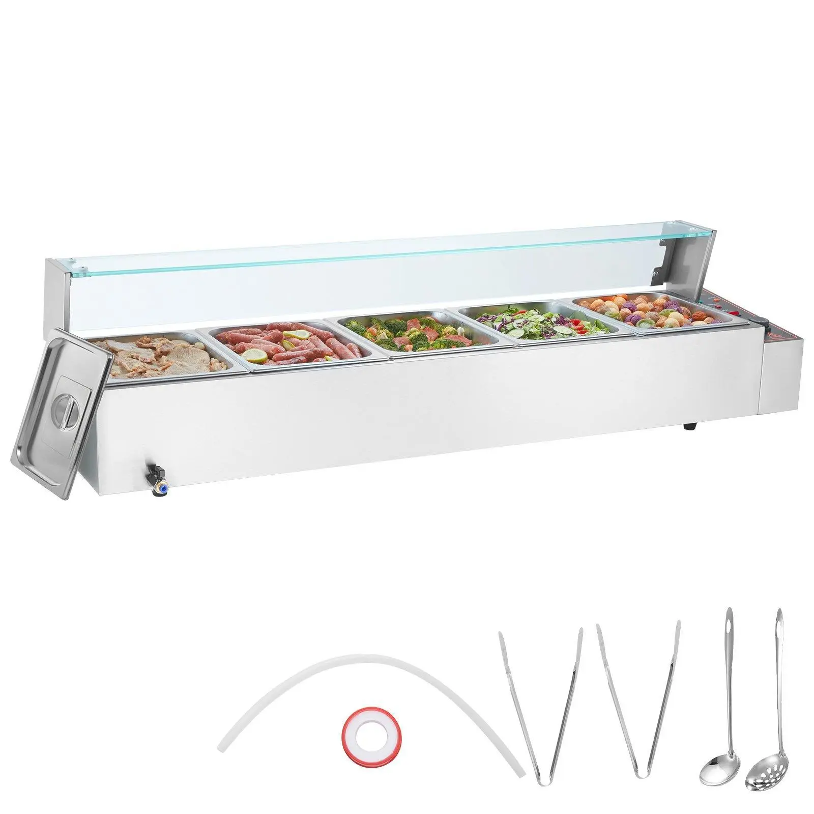 【Summerfinds】VEVOR Commercial Electric Food Warmer Countertop Buffet 5*8Qt with Glass Shield