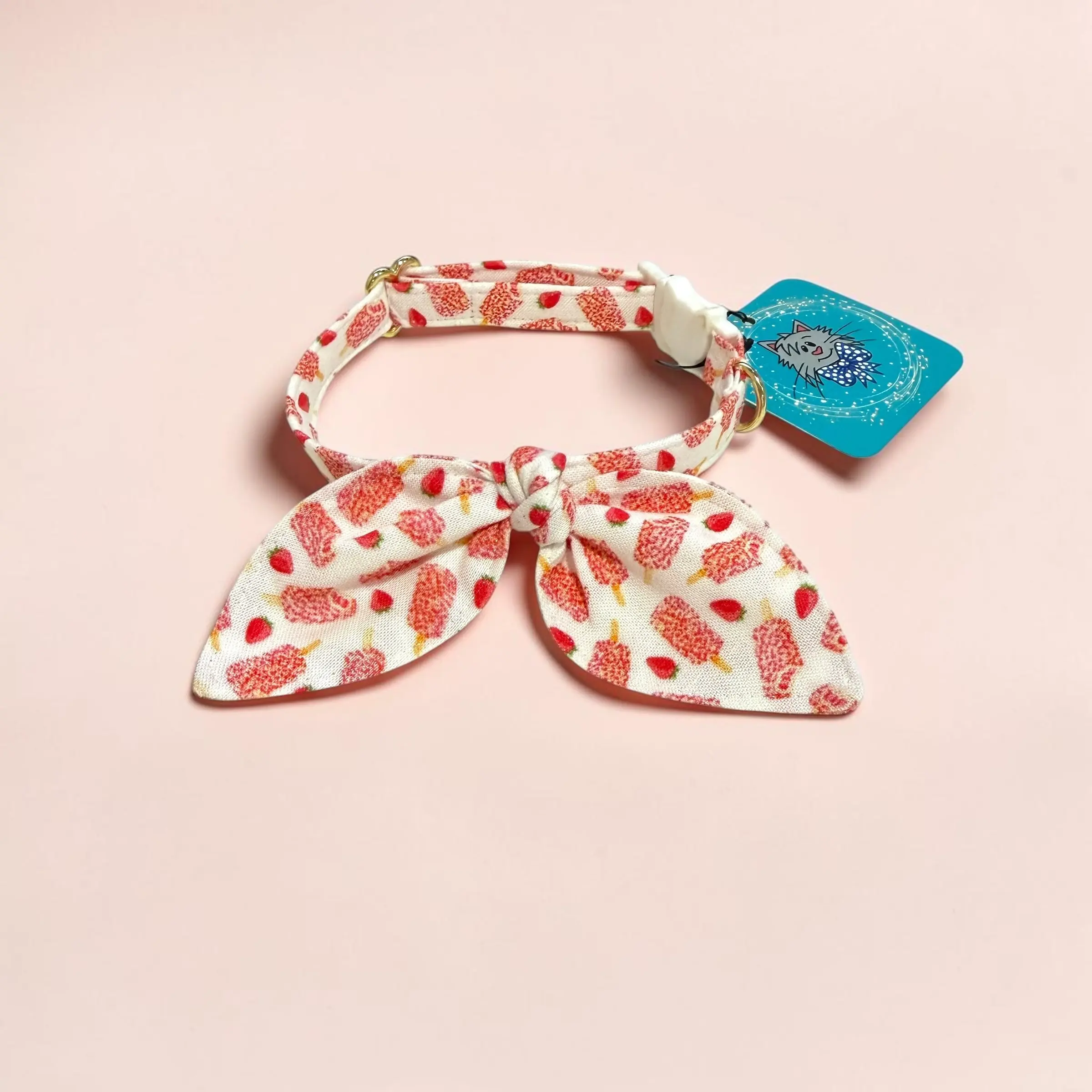 Handmade Cotton Breakaway Cat Collar Set - Adjustable, with Charming Bunny Ear Bow, Strawberry Shortcake Design, Ideal for Birthdays, Everyday Wear, Adoption Celebrations, Collars
