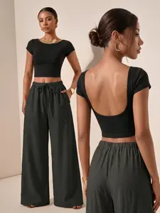 Women's Open Back Crop Top & Linen Wide Leg Pants Co-Ord Set #CoOrdSets - Short Sleeve Low Back Top + Elastic Drawstring Trousers 2 Piece Matching Outfit #springsaledeals2026, Trendy Neutral Casual Set #summeroutfits for Daily Wear & Vacation