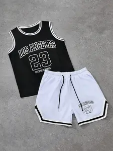 Men's Los Angeles 23 Athletic Set: Sleeveless Jersey and Shorts with Drawstring, Breathable Sportswear Workout Clothes, Workout Sets, Athletic Training Apparel for Streetball, Training and Young Men