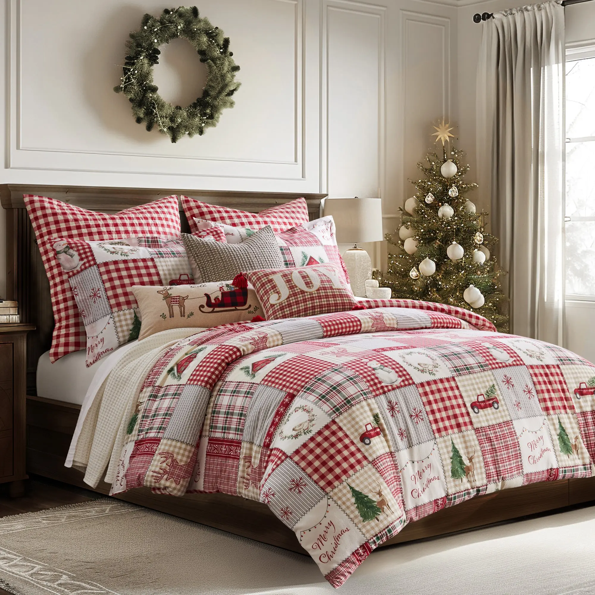 Christmas Themed Cotton Gingham Comforter Set - Full/Queen, King Sizes, Machine Washable Bedding Sets for Home Use